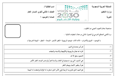 اختبار نهائي توحيد ثاني ثانوي مسارات الفصل الاول 1446