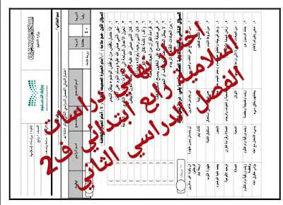 نموذج اختبار اسلامية رابع ابتدائي الفصل الثاني 1445