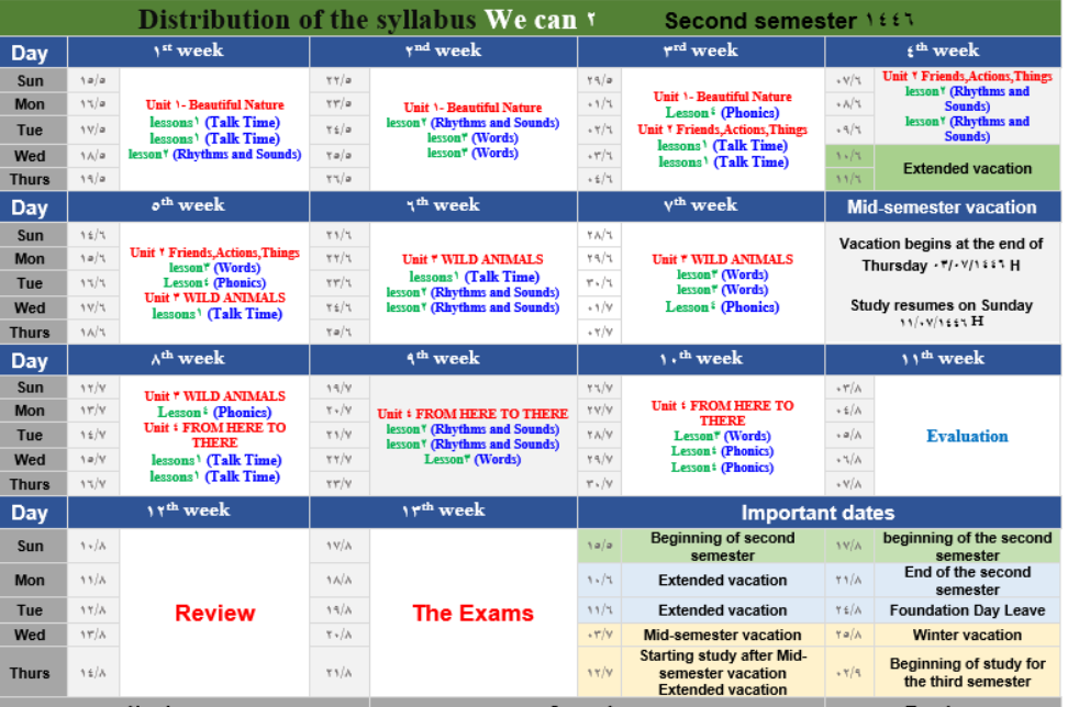 توزيع منهج الانجليزي الثاني الابتدائي الفصل الثاني 1446